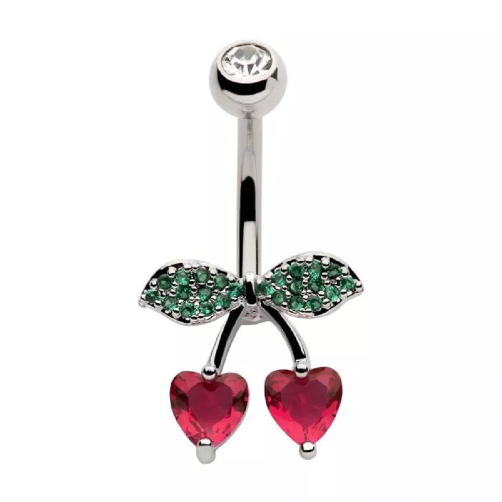 Red CZ Crystal Heart Shaped Cherry Belly Button Ring - 316L Stainless Steel