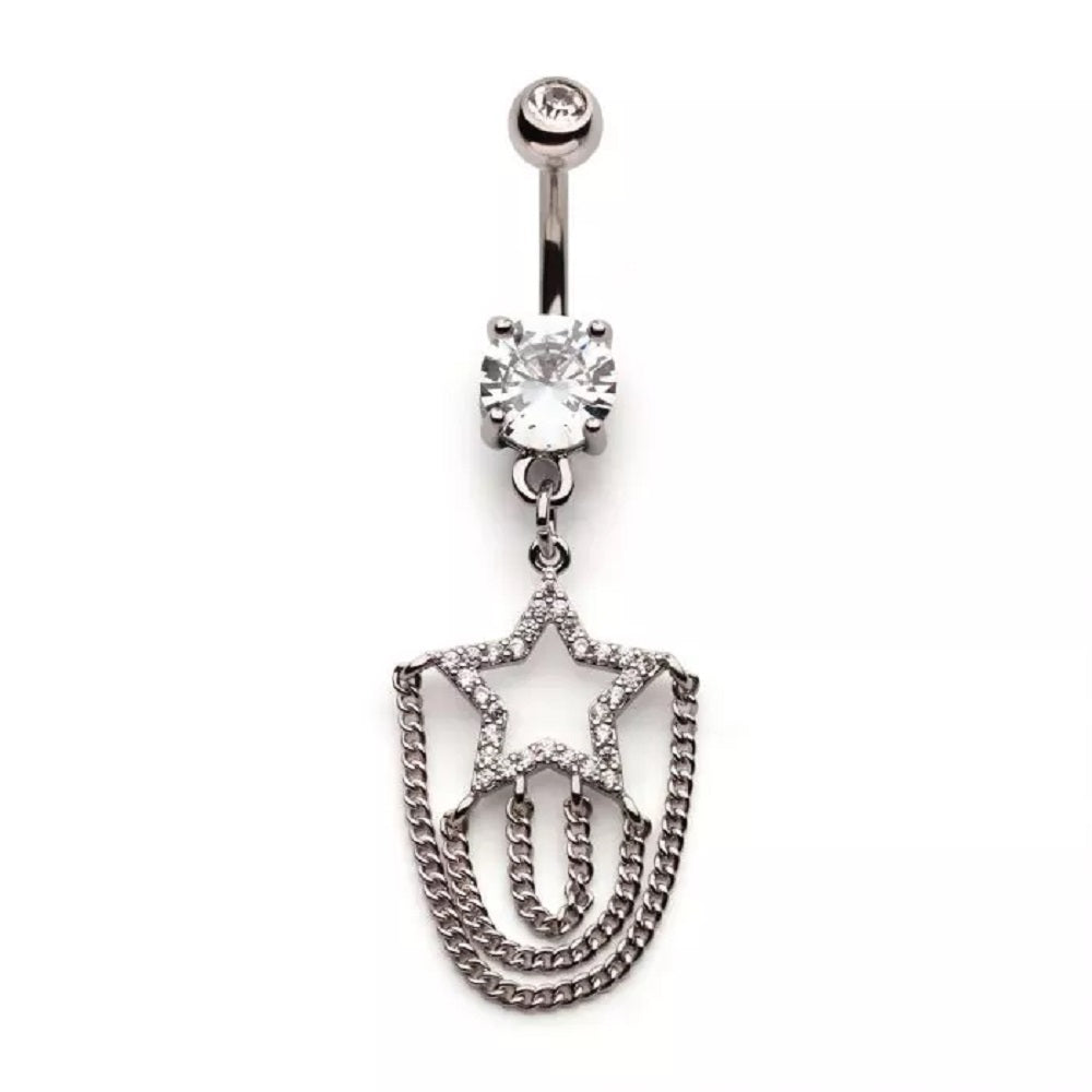 CZ Crystal Star with Triple Tiered Chain Dangling Belly Button Ring - 316L Stainless Steel