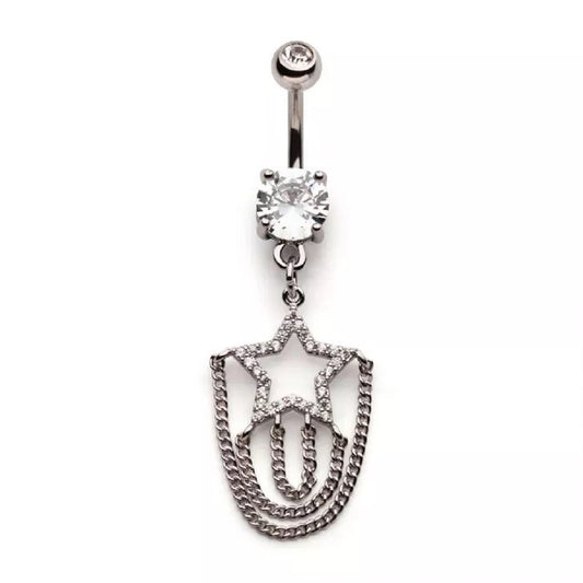 CZ Crystal Star with Triple Tiered Chain Dangling Belly Button Ring - 316L Stainless Steel