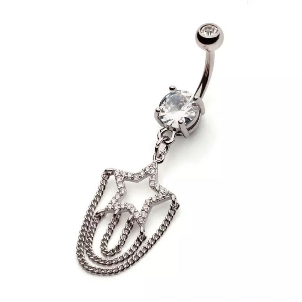 CZ Crystal Star with Triple Tiered Chain Dangling Belly Button Ring - 316L Stainless Steel