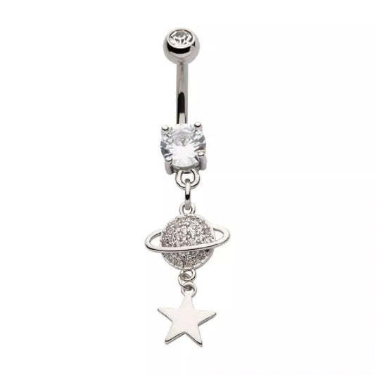 CZ Crystal Planet and Dangling Star Belly Button Ring - 316L Stainless Steel