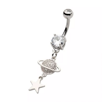 CZ Crystal Planet and Dangling Star Belly Button Ring - 316L Stainless Steel