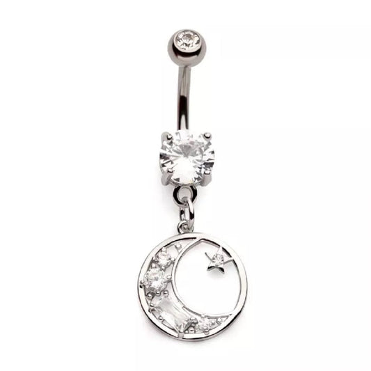 Round Charm with Crescent Moon and Star Dangling Belly Button Ring - 316L Stainless Steel