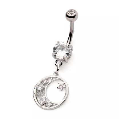 Round Charm with Crescent Moon and Star Dangling Belly Button Ring - 316L Stainless Steel