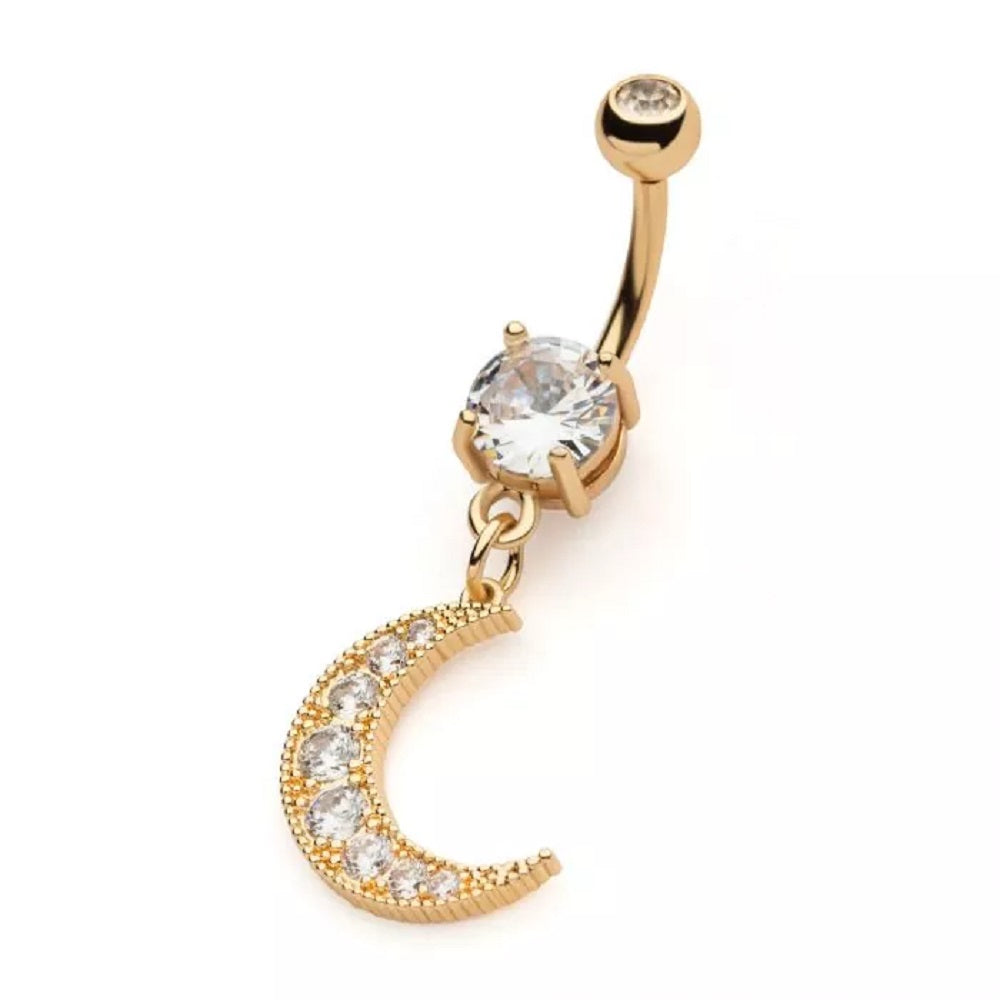 Gold Tone CZ Crystal Paved Crescent Moon Dangling Belly Button Ring - 316L Stainless Steel