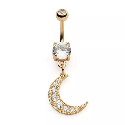 Gold Tone CZ Crystal Paved Crescent Moon Dangling Belly Button Ring - 316L Stainless Steel