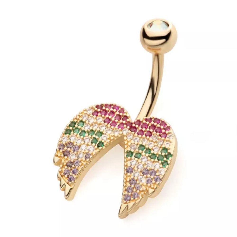 Gold Tone Multicolor Crystal Paved Wings Belly Button Ring - 316L Stainless Steel