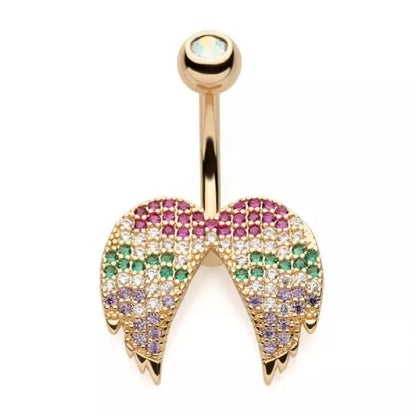Gold Tone Multicolor Crystal Paved Wings Belly Button Ring - 316L Stainless Steel
