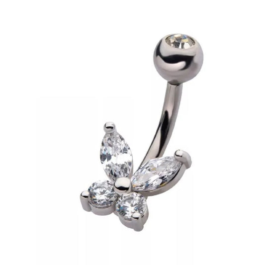 Clear Simple CZ Butterfly Belly Button Ring - 316L Stainless Steel