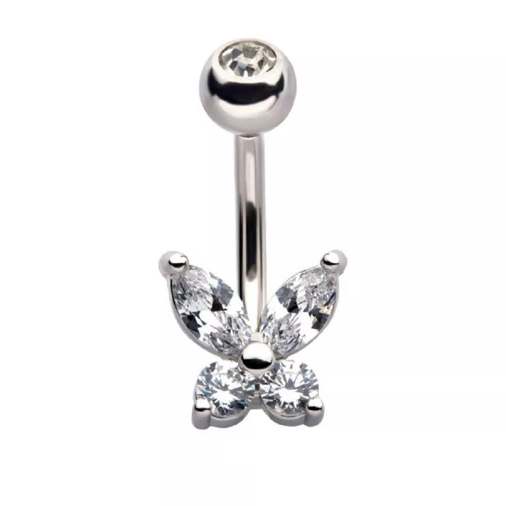 Clear Simple CZ Butterfly Belly Button Ring - 316L Stainless Steel