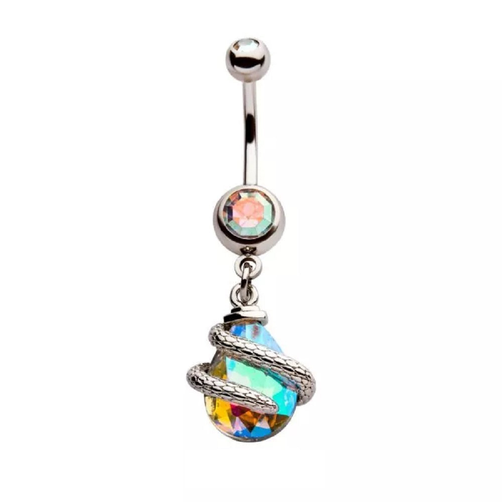 Snake Wrapped AB Teardrop Gem Dangle Belly Button Ring - 316L Stainless Steel