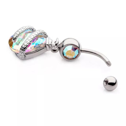 Snake Wrapped AB Teardrop Gem Dangle Belly Button Ring - 316L Stainless Steel