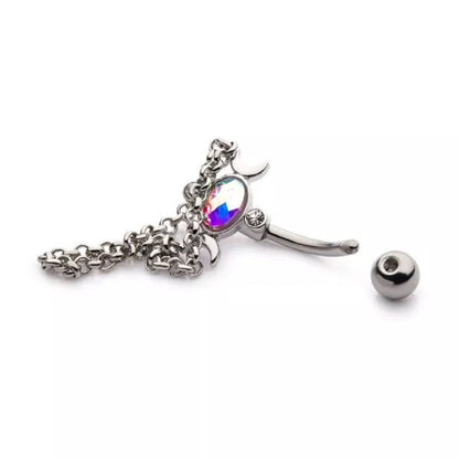 Double Crescent Moons with Dangle Chains Belly Button Ring - 316L Stainless Steel