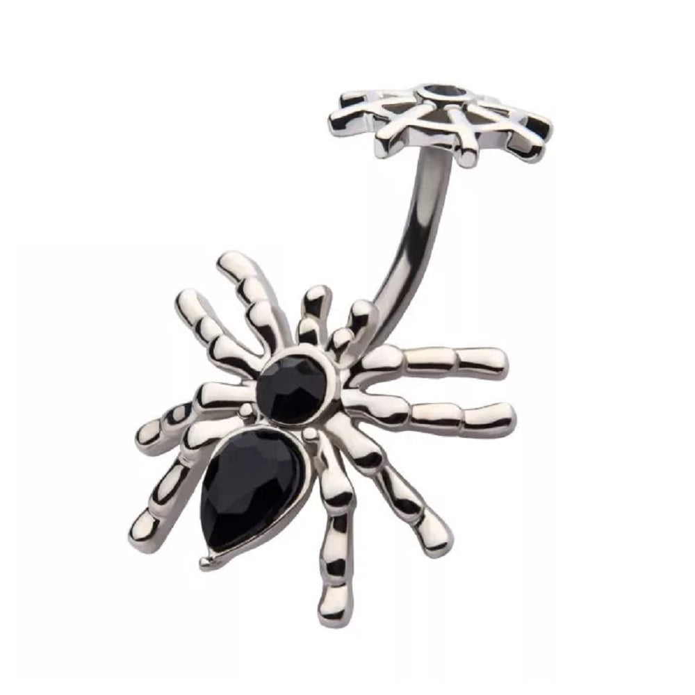 Black CZ Crystal Bodied Spider with Fixed Web Top Belly Button Ring - 316L Stainless Steel