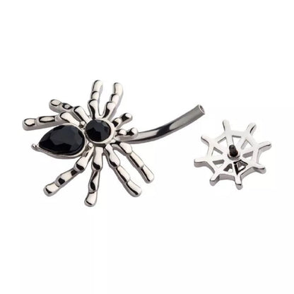 Black CZ Crystal Bodied Spider with Fixed Web Top Belly Button Ring - 316L Stainless Steel