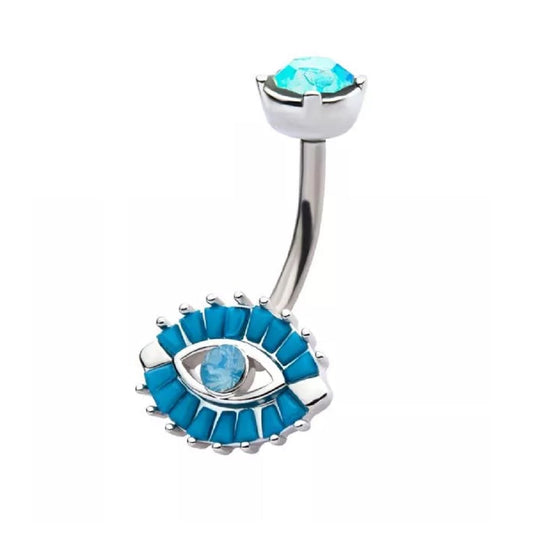 Blue Opalite and Turquoise Fixed Evil Eye Belly Button Ring - 316L Stainless Steel