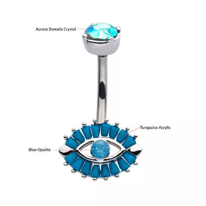 Blue Opalite and Turquoise Fixed Evil Eye Belly Button Ring - 316L Stainless Steel