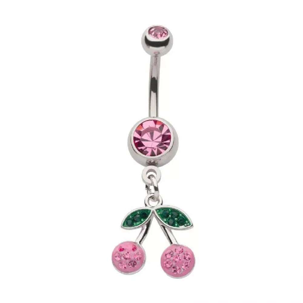 CZ Crystal Pink Cherry Dangling Belly Button Ring - 316L Stainless Steel