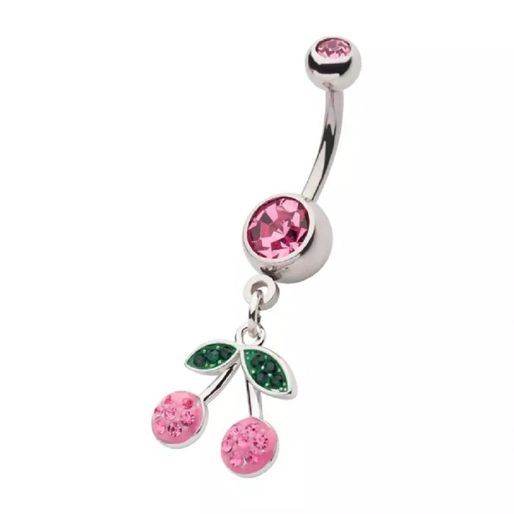 CZ Crystal Pink Cherry Dangling Belly Button Ring - 316L Stainless
