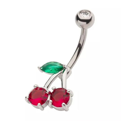 Red CZ Crystal Cherry Belly Button Ring - 316L Stainless Steel