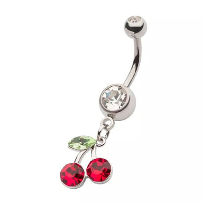 CZ Crystal Red Cherry Dangling Belly Button Ring - 316L Stainless Steel