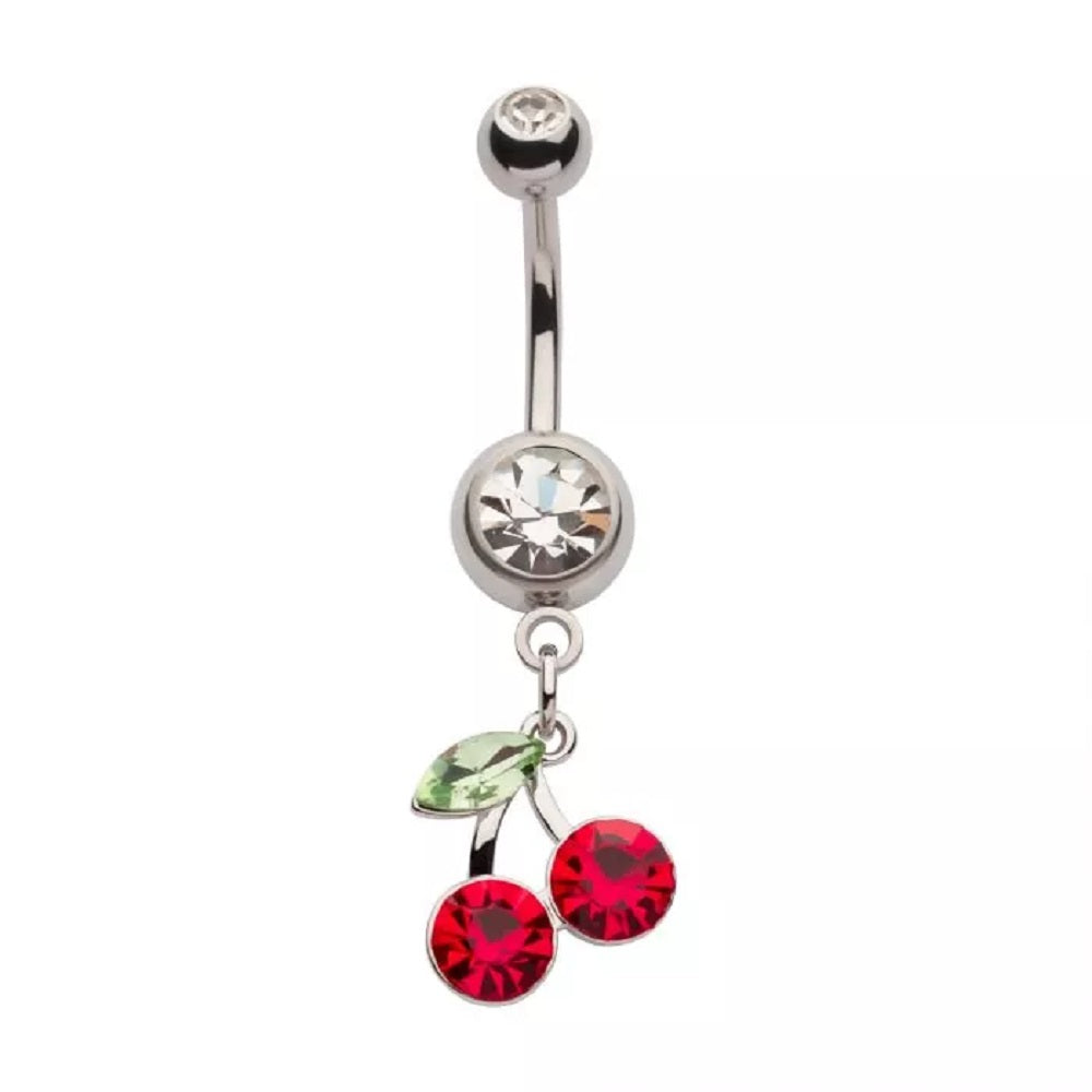 CZ Crystal Red Cherry Dangling Belly Button Ring - 316L Stainless Steel