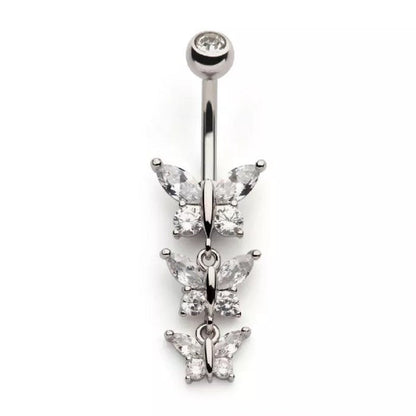 Triple CZ Crystal Butterflies Dangling Belly Button Ring - 316L Stainless Steel