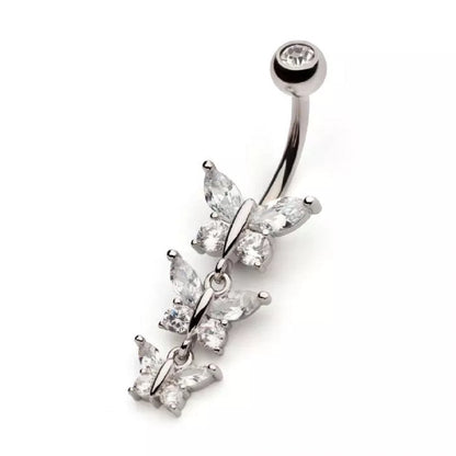 Triple CZ Crystal Butterflies Dangling Belly Button Ring - 316L Stainless Steel