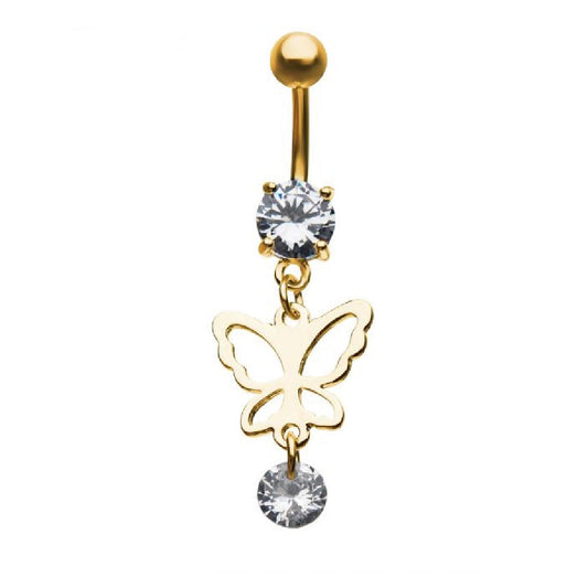 Crystal Butterfly Dangling Belly Button Ring - Stainless Steel