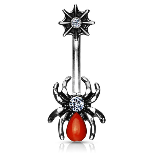 CZ Crystal Center Red Spider with Web Top Belly Button Ring - Stainless Steel