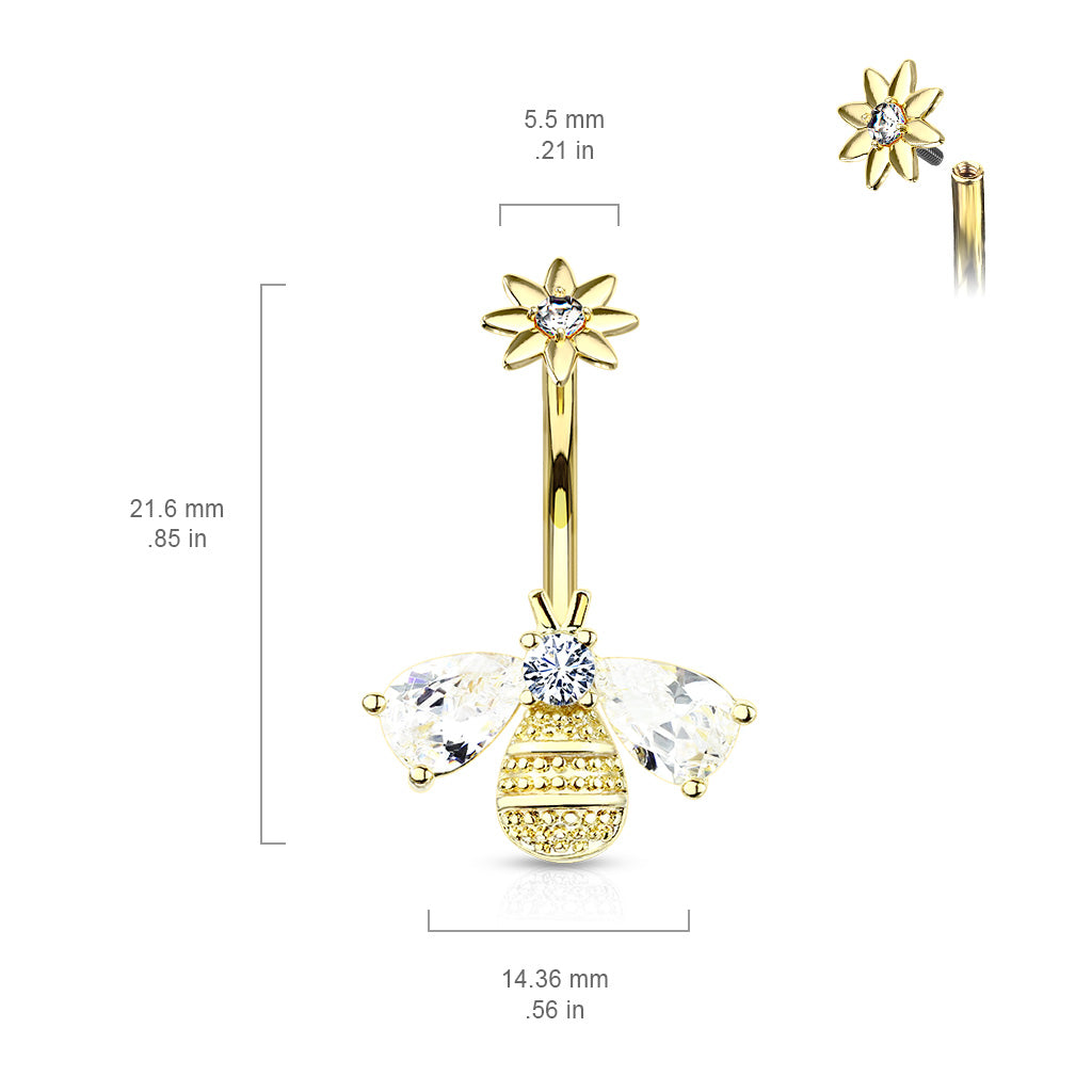 Internally Threaded CZ Crystal Bumble Bee Flower Top Belly Button Ring - Stainless Steel