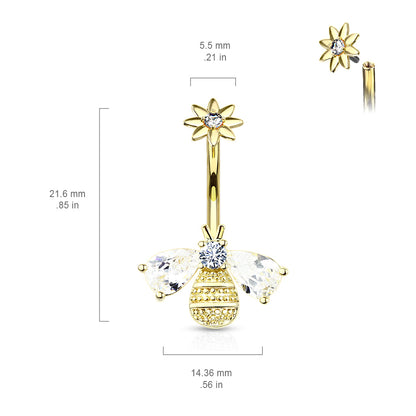 Internally Threaded CZ Crystal Bumble Bee Flower Top Belly Button Ring - Stainless Steel