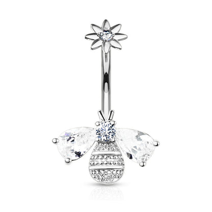 Internally Threaded CZ Crystal Bumble Bee Flower Top Belly Button Ring - Stainless Steel