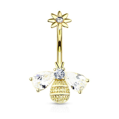 Internally Threaded CZ Crystal Bumble Bee Flower Top Belly Button Ring - Stainless Steel