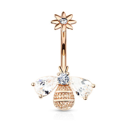 Internally Threaded CZ Crystal Bumble Bee Flower Top Belly Button Ring - Stainless Steel