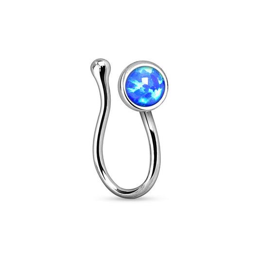 Silver Tone Synthetic Opal Gem Clip On Fake Non No Piercing Nose Ring - Brass