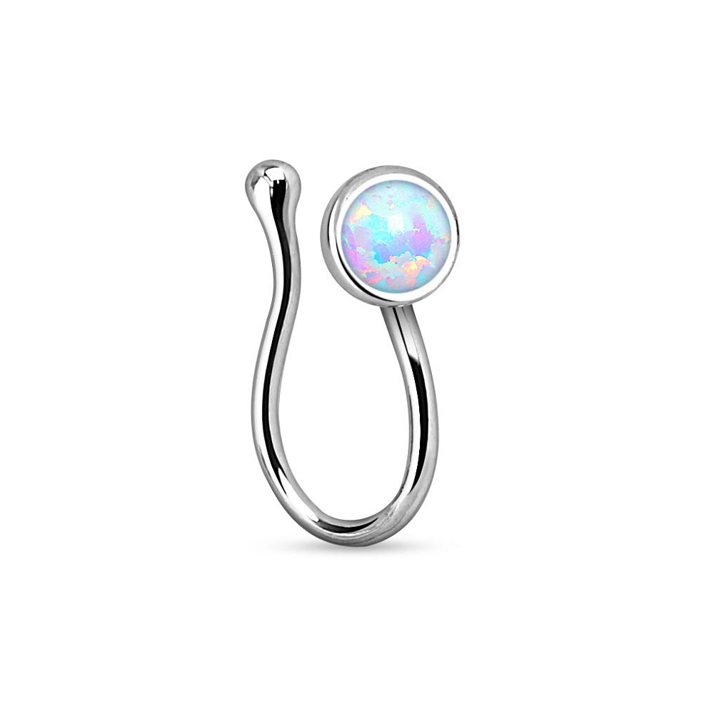 Silver Tone Synthetic Opal Gem Clip On Fake Non No Piercing Nose Ring - Brass