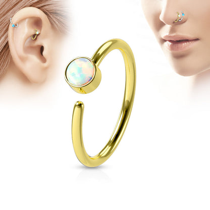 White Synthetic Opal Set Cartilage Helix Nose Ring - 316L Surgical Steel