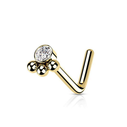 Triple Beaded Cluster CZ Crystal Centered L-Bend Nose Stud - Stainless Steel