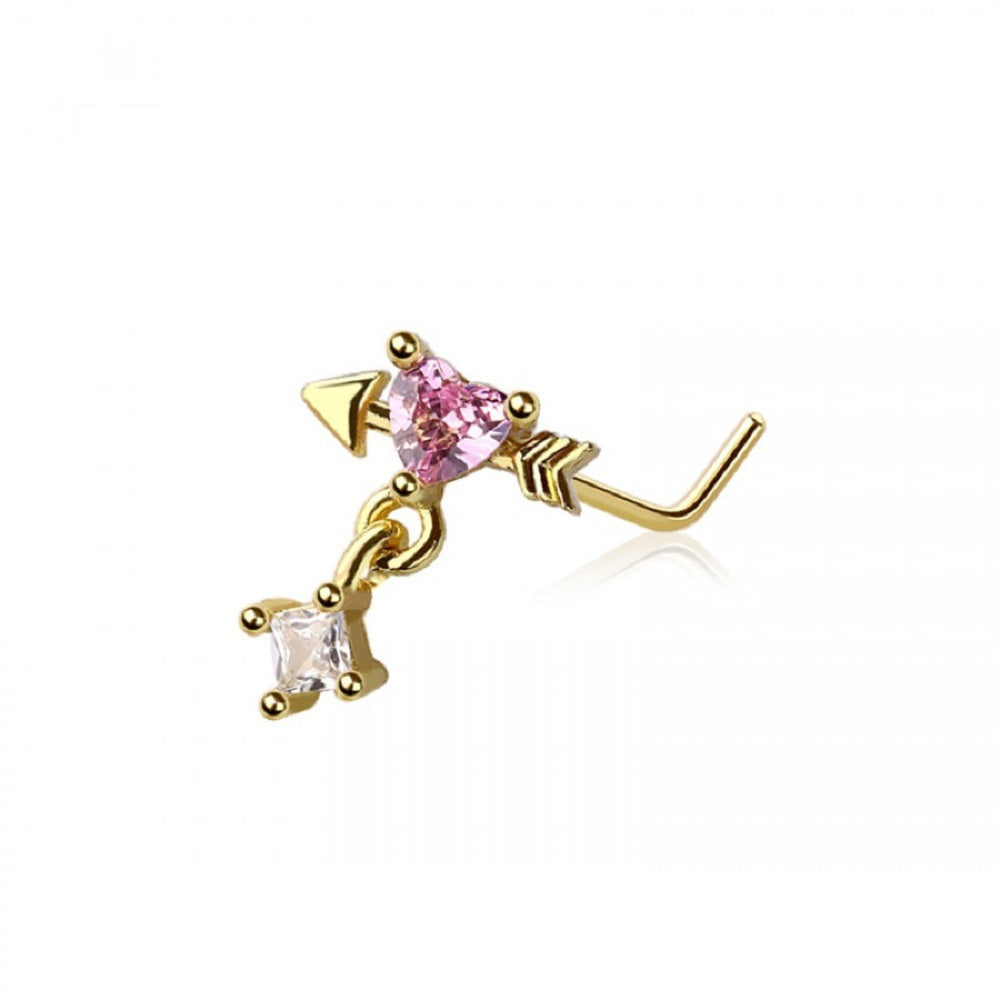 Pink Heart Arrow with Dangling Gem L-Bend Nose Stud - 316L Stainless Steel