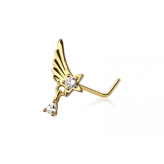 Angel Wing with Dangling Gem L-Bend Nose Stud - 316L Stainless Steel