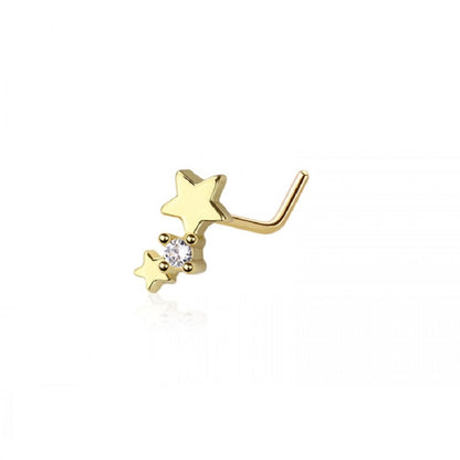 Double Star with Center Gem L-Bend Nose Stud - 316L Stainless Steel