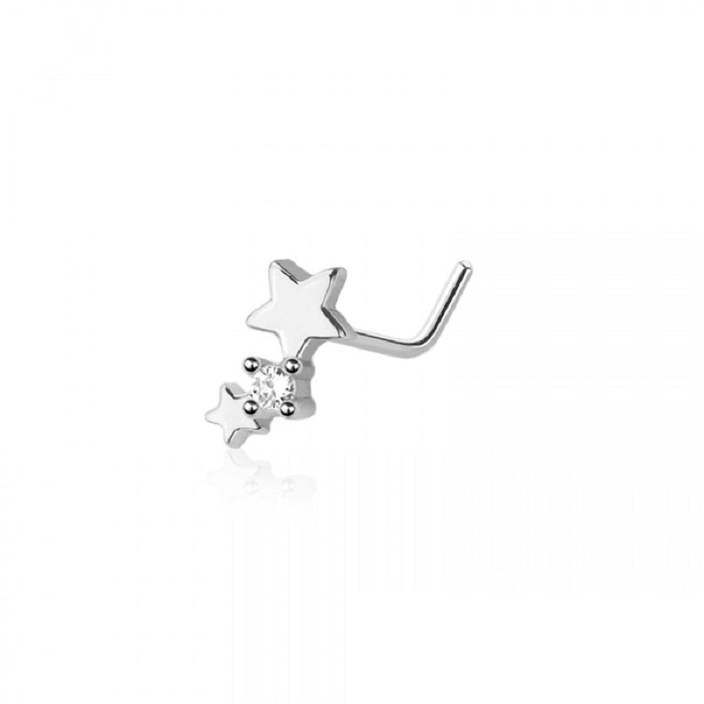 Double Star with Center Gem L-Bend Nose Stud - 316L Stainless Steel