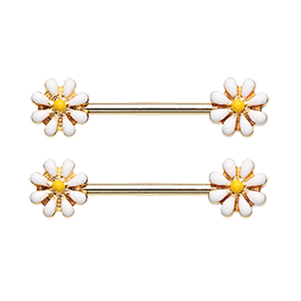 Daisy Flower Nipple Barbells - Gold Plated Stainless Steel - Pair