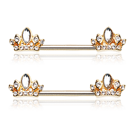 CZ Crystal Sparkling Tiara Crown Nipple Barbells
 - Stainless Steel - Pair