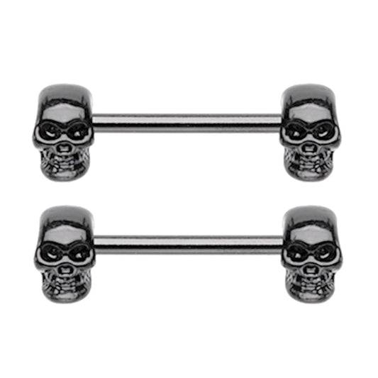 All Black Skull Ends Barbell Nipple Rings - 316L Stainless Steel - Pair