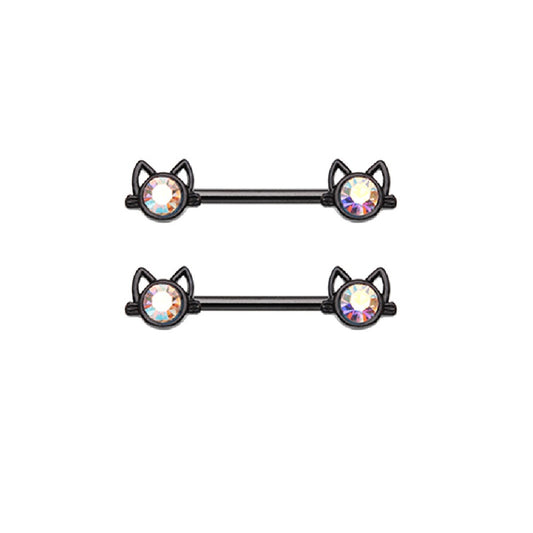 CZ Crystal Center Cat Face Barbell Nipple Rings - Stainless Steel - Pair