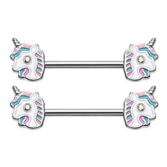 Cotton Candy Fairytale Unicorn Barbell Nipple Rings - Stainless Steel