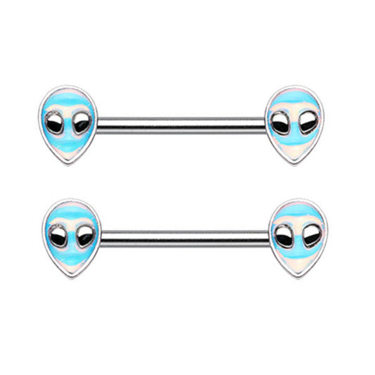 Holographic Alien Head Nipple Barbells - Stainless Steel - Pair