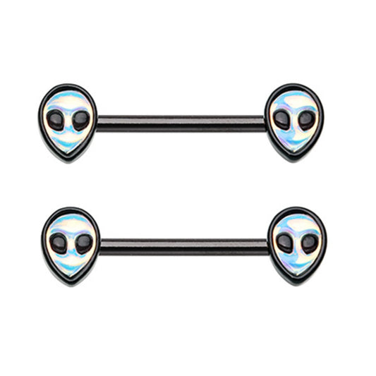 Aurora Borealis Extraterrestrial Alien Head Barbell Nipple Rings - Stainless Steel - Pair